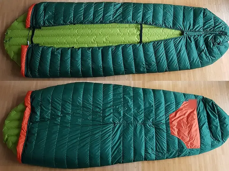 Green sleeping bag laid flat, front and back (illustrative photo)