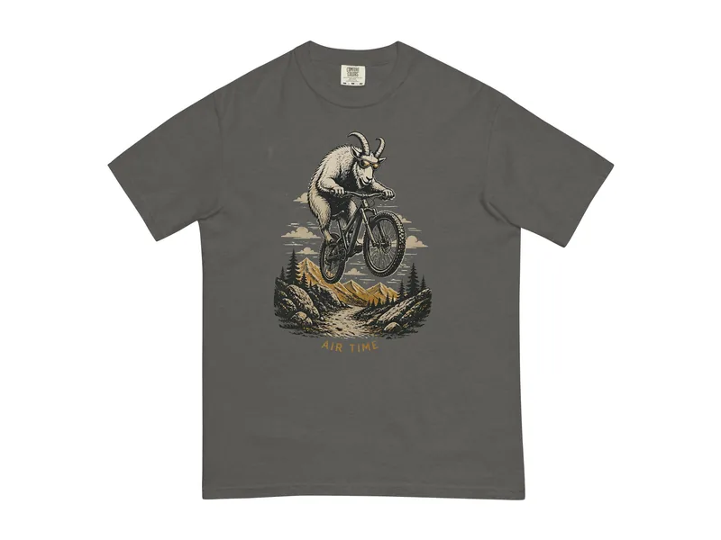 Shred Goat Air Time Tee in Pepper, front print shown (product mockup from shredgoat.shop)