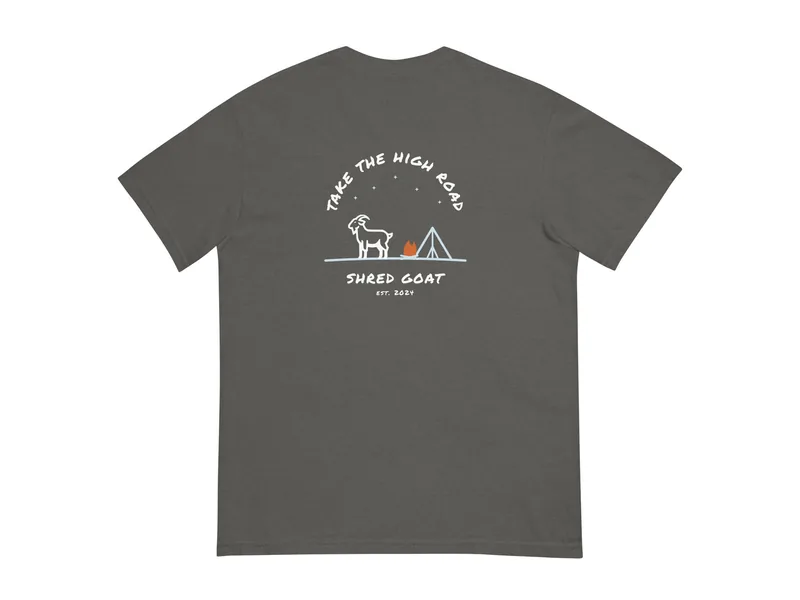 Shred Goat Basecamp Goat Tee in Pepper, back print shown (product mockup from shredgoat.shop)