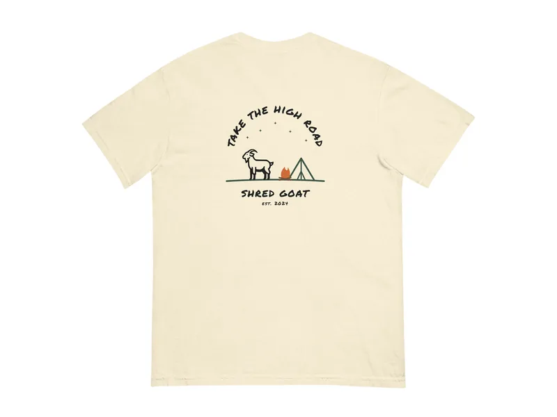 Shred Goat Basecamp Goat Tee - Ivory in Ivory, back print shown (product mockup from shredgoat.shop)