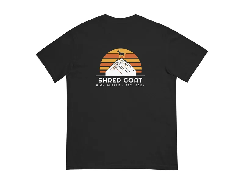 Shred Goat Dusk Stripe Tee in Black, back print shown (product mockup from shredgoat.shop)