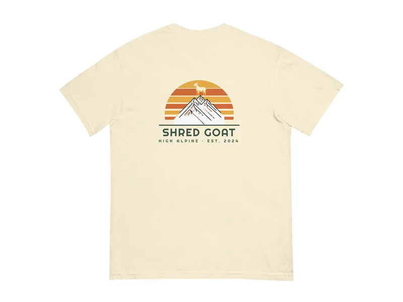 Shred Goat Dusk Stripe Tee - Ivory in Ivory, back print shown (product mockup from shredgoat.shop)