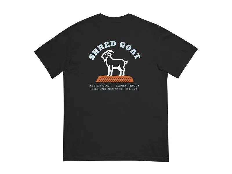 Shred Goat Field Specimen Tee in Black, back print shown (product mockup from shredgoat.shop)