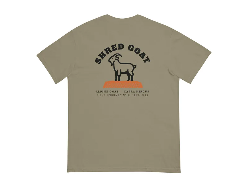 Shred Goat Field Specimen Tee - Khaki & Sandstone in Sandstone, back print shown (product mockup from shredgoat.shop)