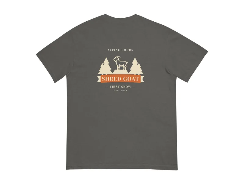 Shred Goat First Snow Lodge Tee in Pepper, back print shown (product mockup from shredgoat.shop)