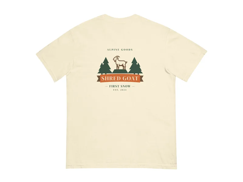 Shred Goat First Snow Lodge Tee - Ivory in Ivory, back print shown (product mockup from shredgoat.shop)
