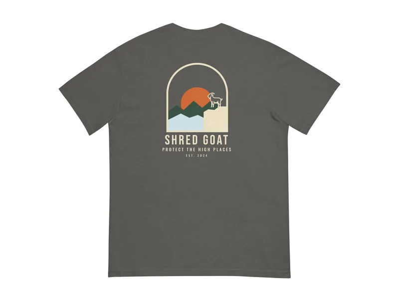 Shred Goat High Country Poster Tee in Pepper, back print shown (product mockup from shredgoat.shop)