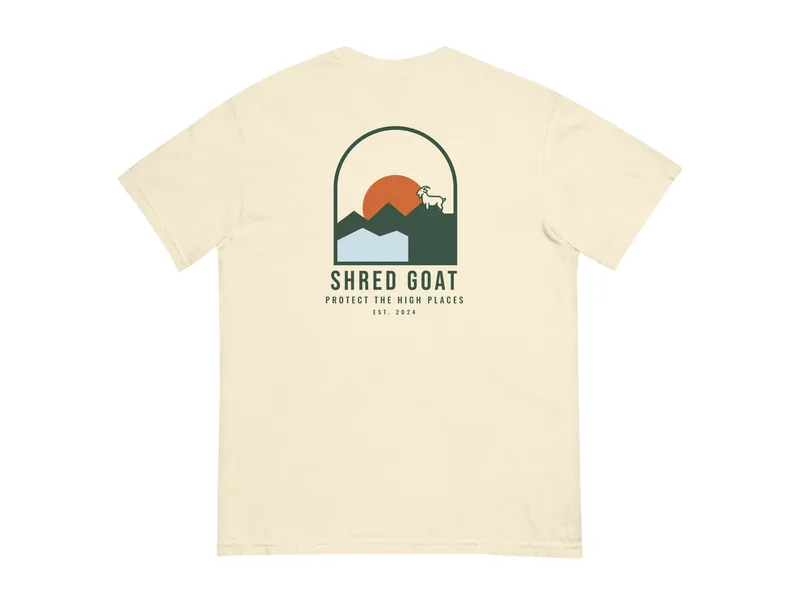 Shred Goat High Country Poster Tee - Ivory in Ivory, back print shown (product mockup from shredgoat.shop)