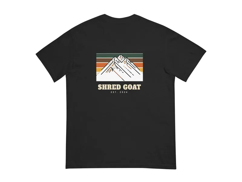 Shred Goat Last Light Ridge Tee in Black, back print shown (product mockup from shredgoat.shop)