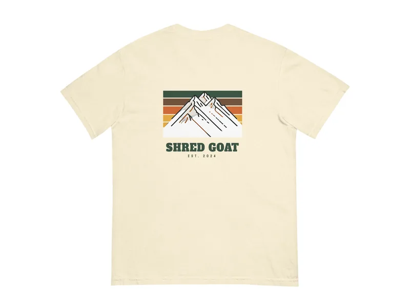 Shred Goat Last Light Ridge Tee - Ivory in Ivory, back print shown (product mockup from shredgoat.shop)