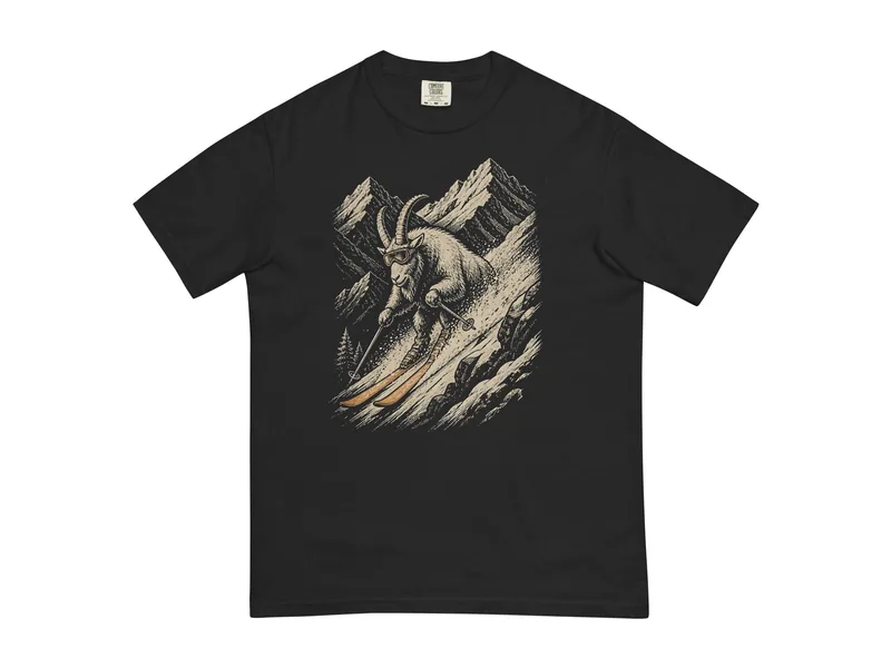 Shred Goat Steep and Deep Tee in Black, front print shown (product mockup from shredgoat.shop)