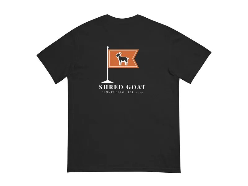 Shred Goat Summit Pennant Tee in Black, back print shown (product mockup from shredgoat.shop)