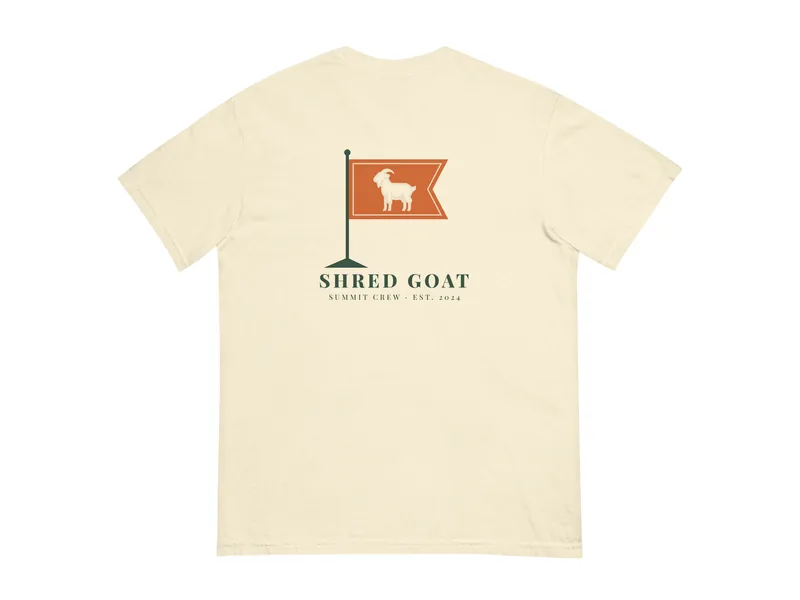 Shred Goat Summit Pennant Tee - Ivory in Ivory, back print shown (product mockup from shredgoat.shop)