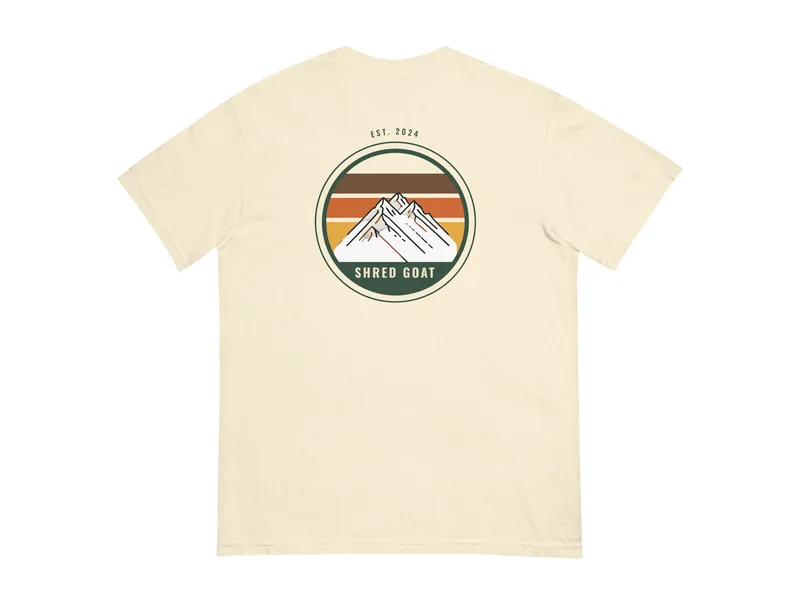 Shred Goat Summit Roundel Tee - Ivory in Ivory, back print shown (product mockup from shredgoat.shop)