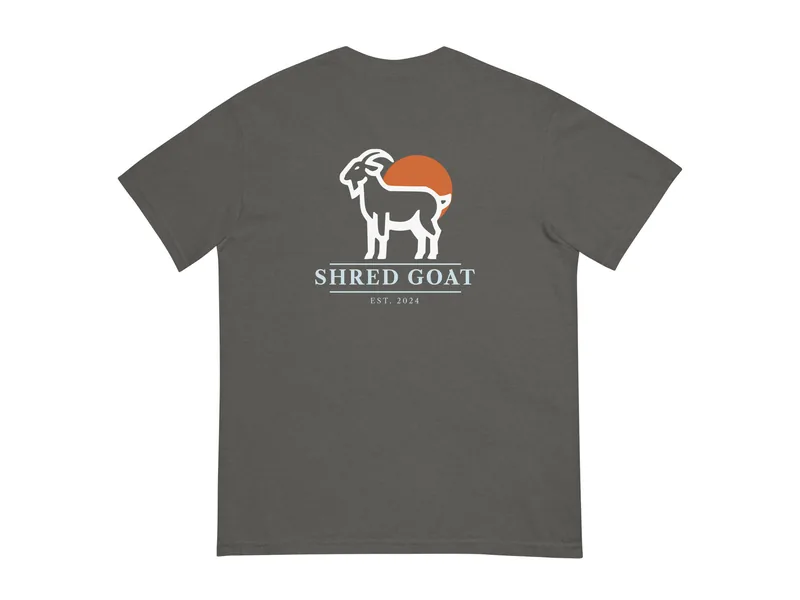 Shred Goat The Original Goat Tee in Pepper, back print shown (product mockup from shredgoat.shop)