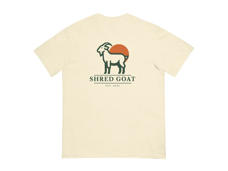 Shred Goat The Original Goat Tee - Ivory in Ivory, back print shown (product mockup from shredgoat.shop)