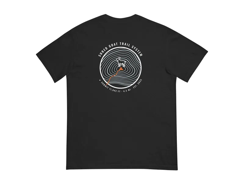 Shred Goat Trail Map Tee in Black, back print shown (product mockup from shredgoat.shop)