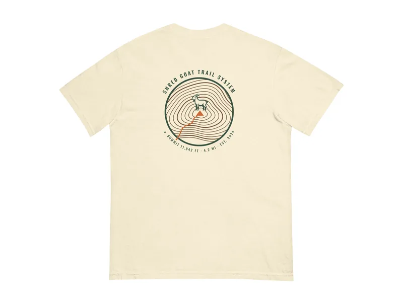 Shred Goat Trail Map Tee - Ivory in Ivory, back print shown (product mockup from shredgoat.shop)