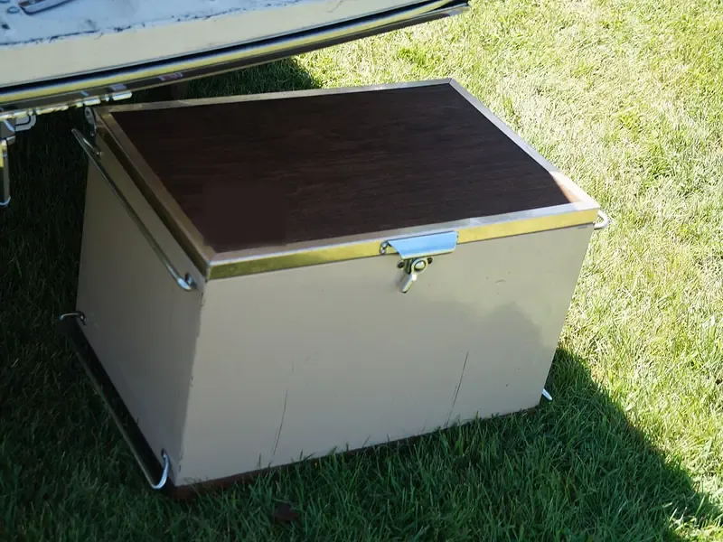 Cooler with its lid open on grass (illustrative photo)
