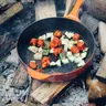 Skillet of vegetables cooking over campfire coals (illustrative photo)