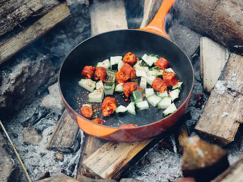 Skillet of vegetables cooking over campfire coals (illustrative photo)