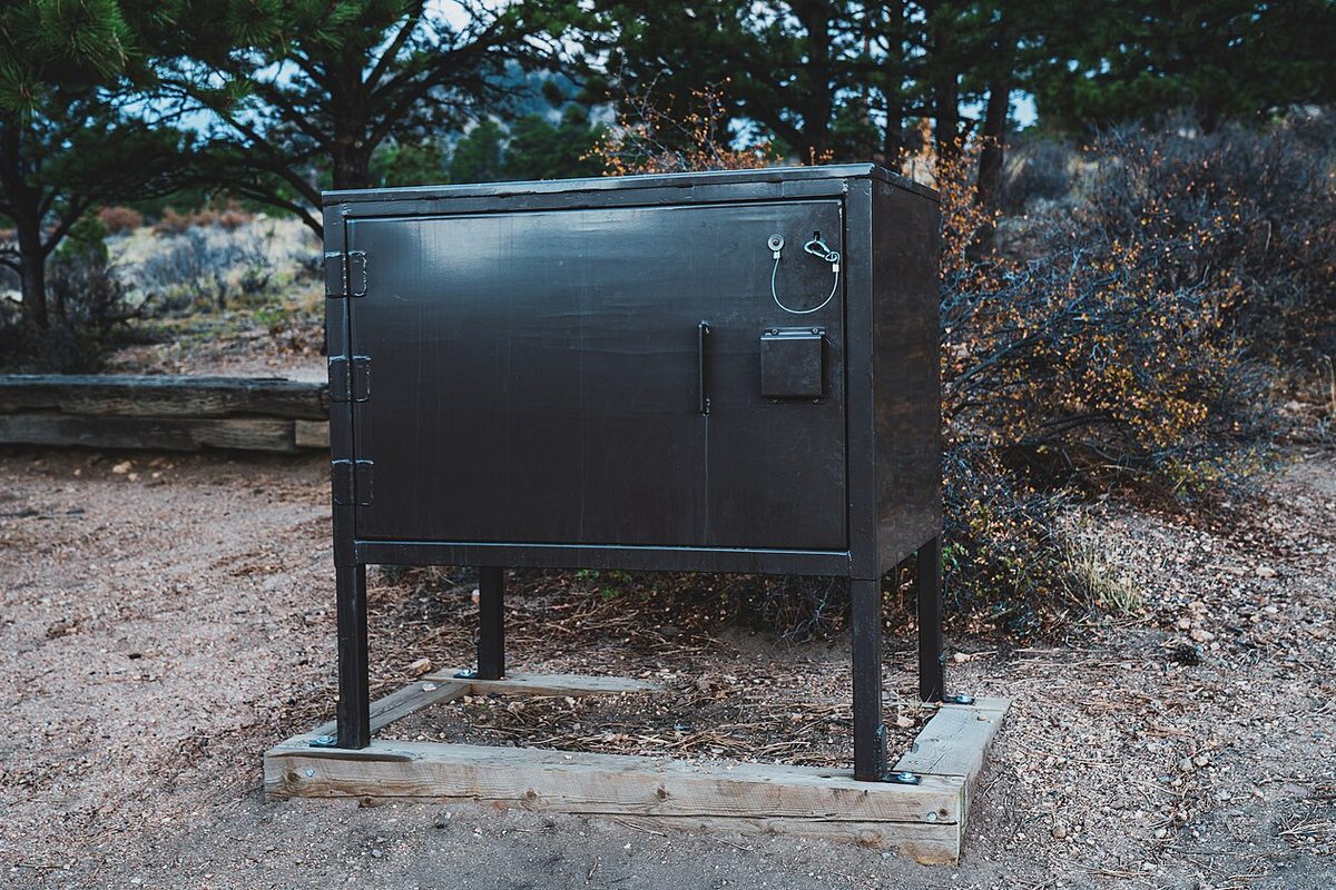 Metal bear-proof food storage box at a campground
