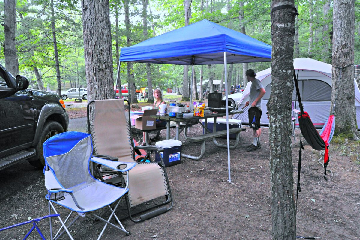 Illustrative photo of a blue pop-up canopy over a picnic table with camp chairs and a cooler at a wooded campground
