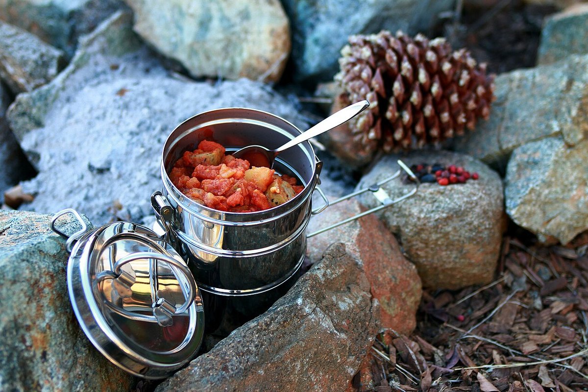 Cast-iron pan of vegetables cooking over campfire coals