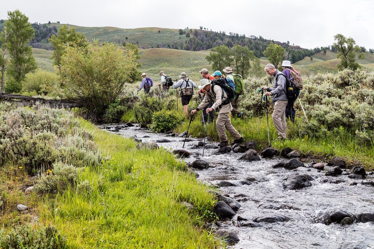 Illustrative photo of a line of hikers with trekking poles crossing a shallow, rocky creek in a green valley