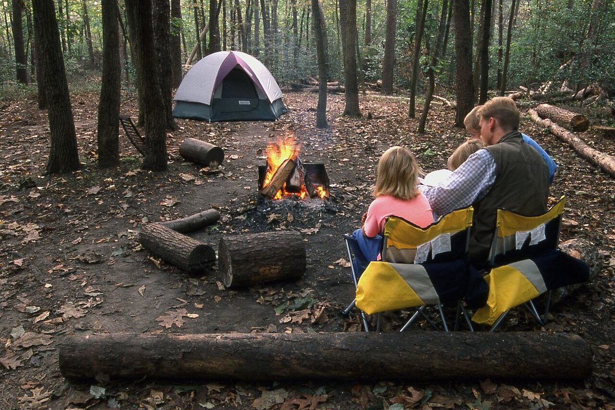 Illustrative photo of a family at a campsite fire ring with firewood logs nearby